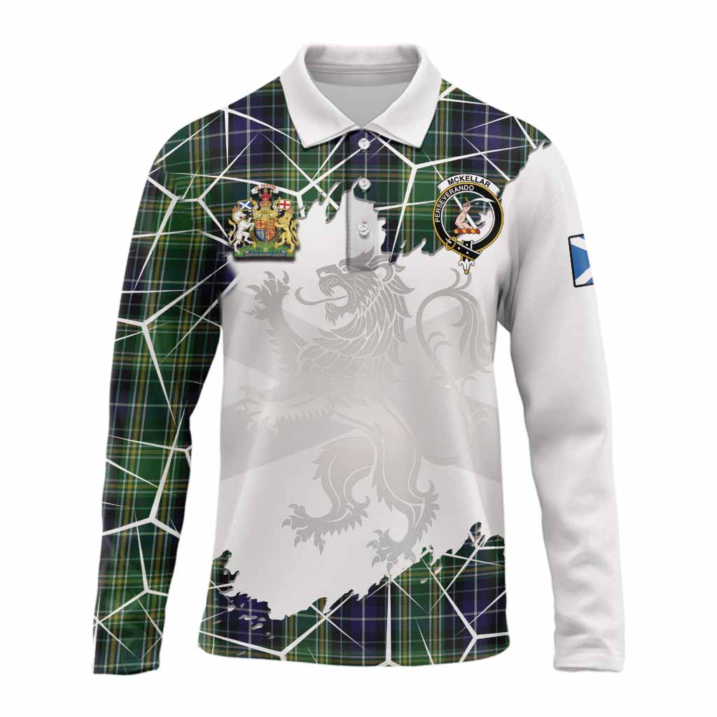 McKellar Tartan Long Sleeve Polo Shirt with Family Crest and Lion Rampant Grunge Style