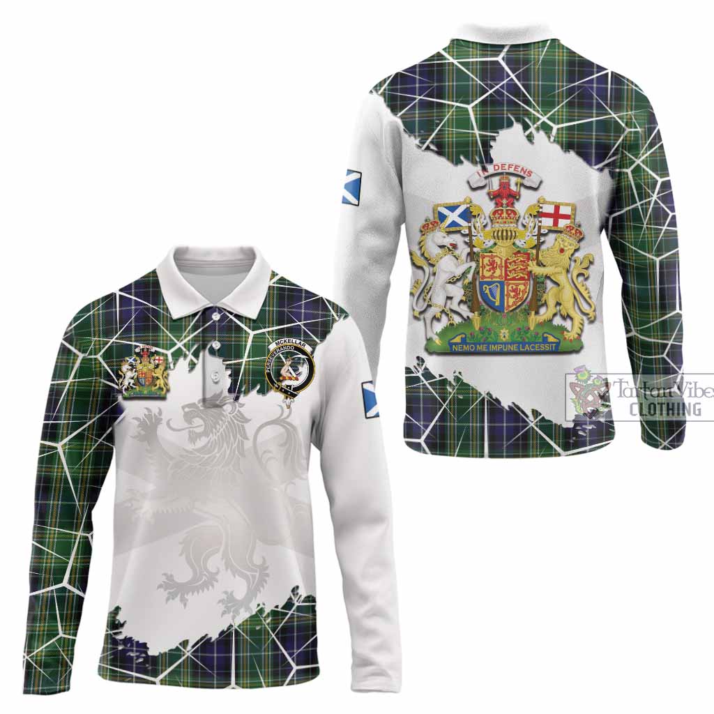 McKellar Tartan Long Sleeve Polo Shirt with Family Crest and Lion Rampant Grunge Style