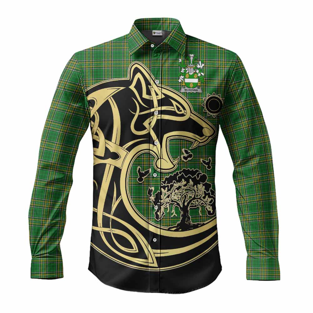Tartan Vibes Clothing McKenna Irish Tartan Long Sleeve Button Shirt with Coat of Arms Celtic Wolf Style