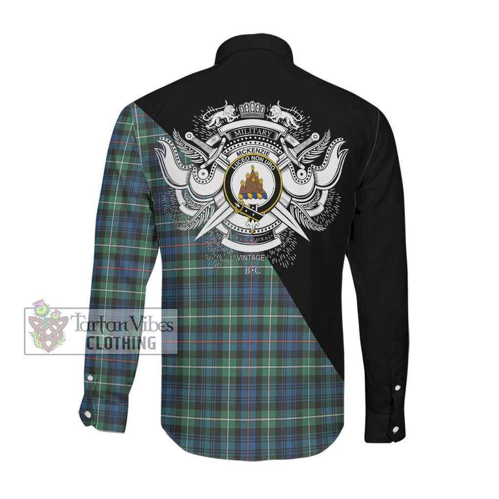 Mckenzie Ancient Tartan Long Sleeve Button Shirt with Family Crest and Military Logo Style Men's Shirt - Tartanvibesclothing Shop