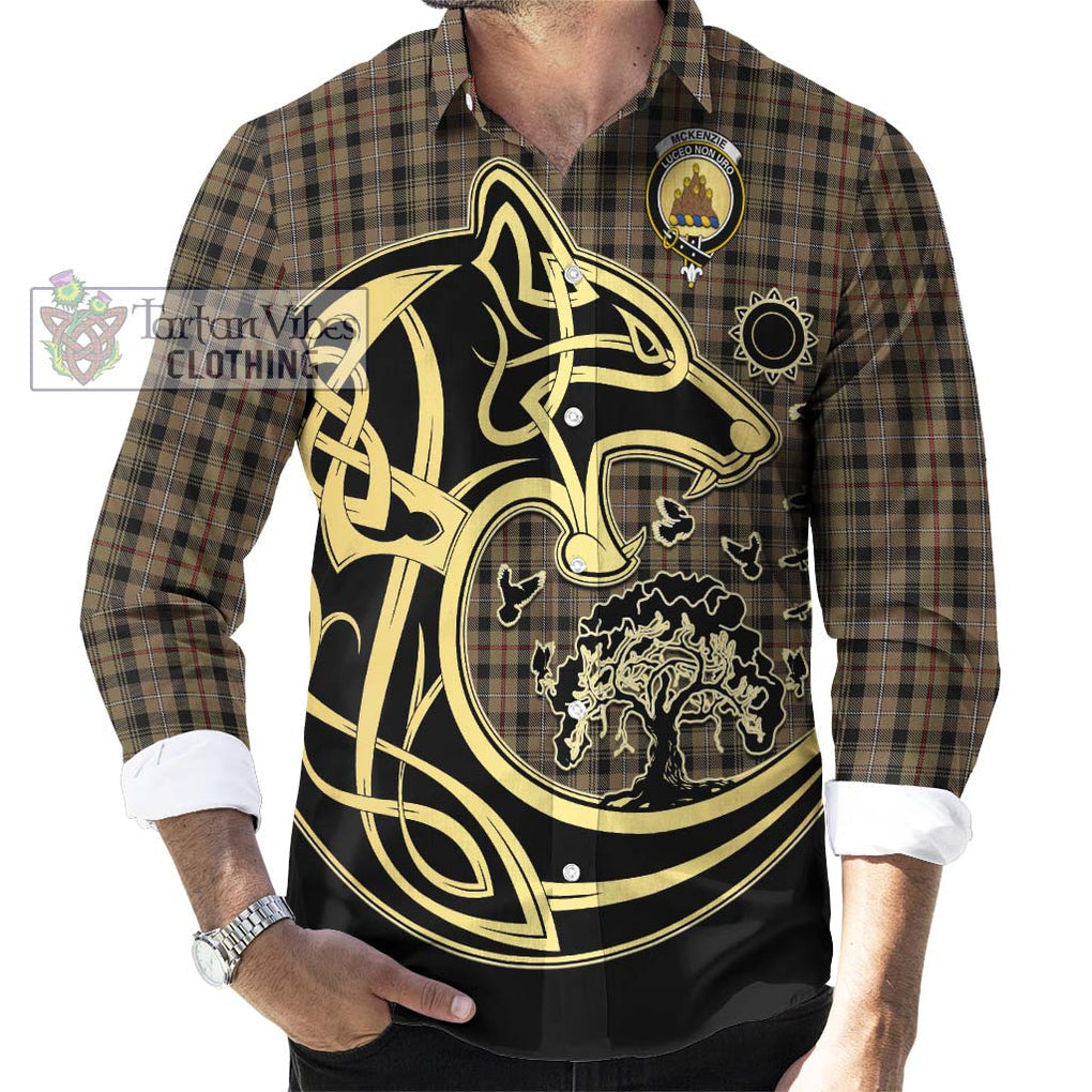 Mckenzie Hunting Tartan Long Sleeve Button Shirt with Family Crest Celtic Wolf Style - Tartan Vibes Clothing