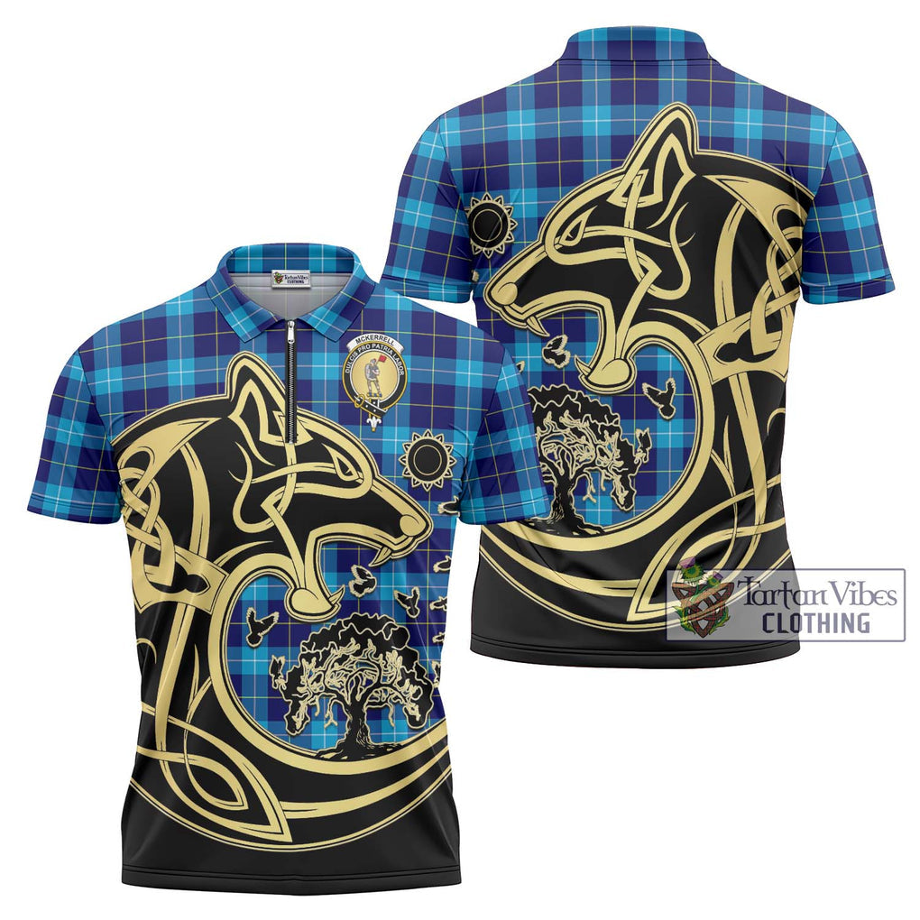 McKerrell Tartan Zipper Polo Shirt with Family Crest Celtic Wolf Style Unisex - Tartan Vibes Clothing