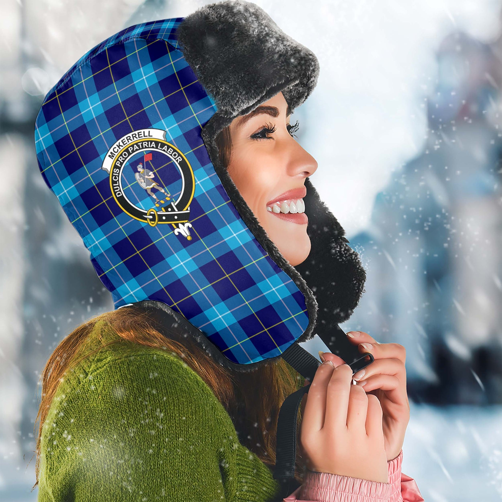 McKerrell Tartan Winter Trapper Hat with Family Crest Winter Trapper Hat Universal Fit Circumference 22.8in (58cm) - Tartan Vibes Clothing