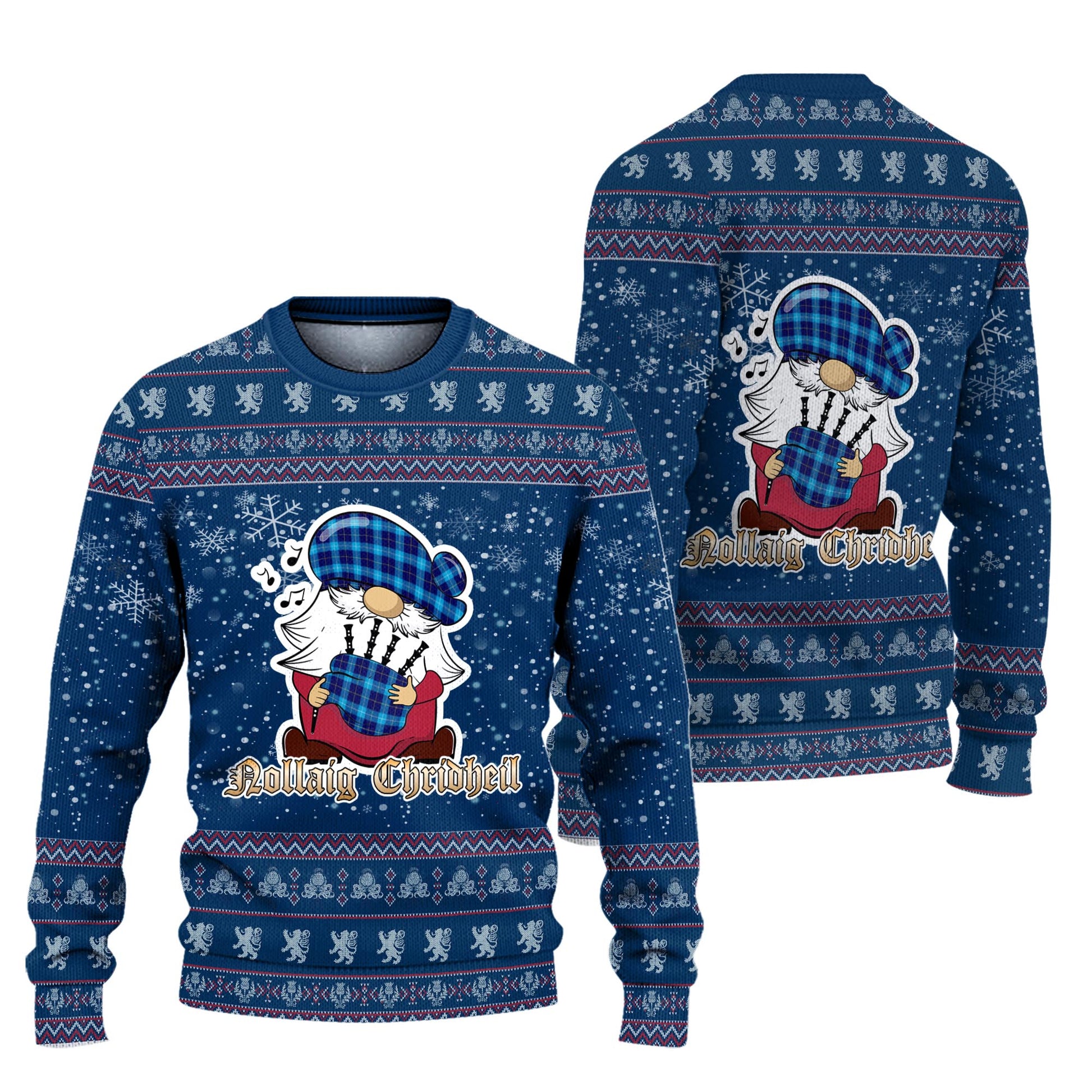 McKerrell Clan Christmas Family Knitted Sweater with Funny Gnome Playing Bagpipes Unisex Blue - Tartanvibesclothing