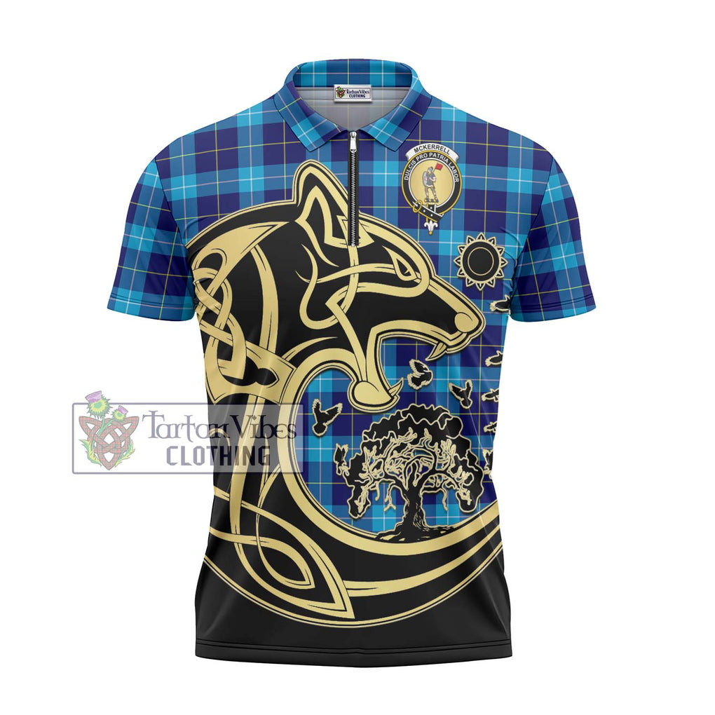 McKerrell Tartan Zipper Polo Shirt with Family Crest Celtic Wolf Style - Tartan Vibes Clothing