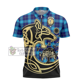 McKerrell Tartan Zipper Polo Shirt with Family Crest Celtic Wolf Style