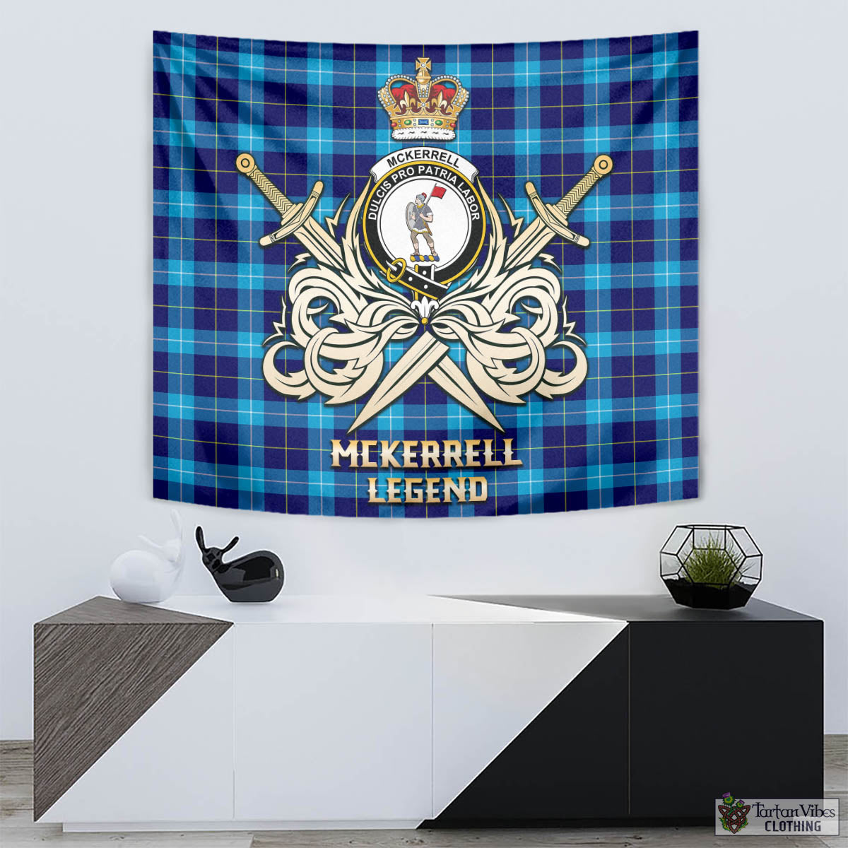 McKerrell Tartan Tapestry with Clan Crest and the Golden Sword of Courageous Legacy - Tartan Vibes Clothing
