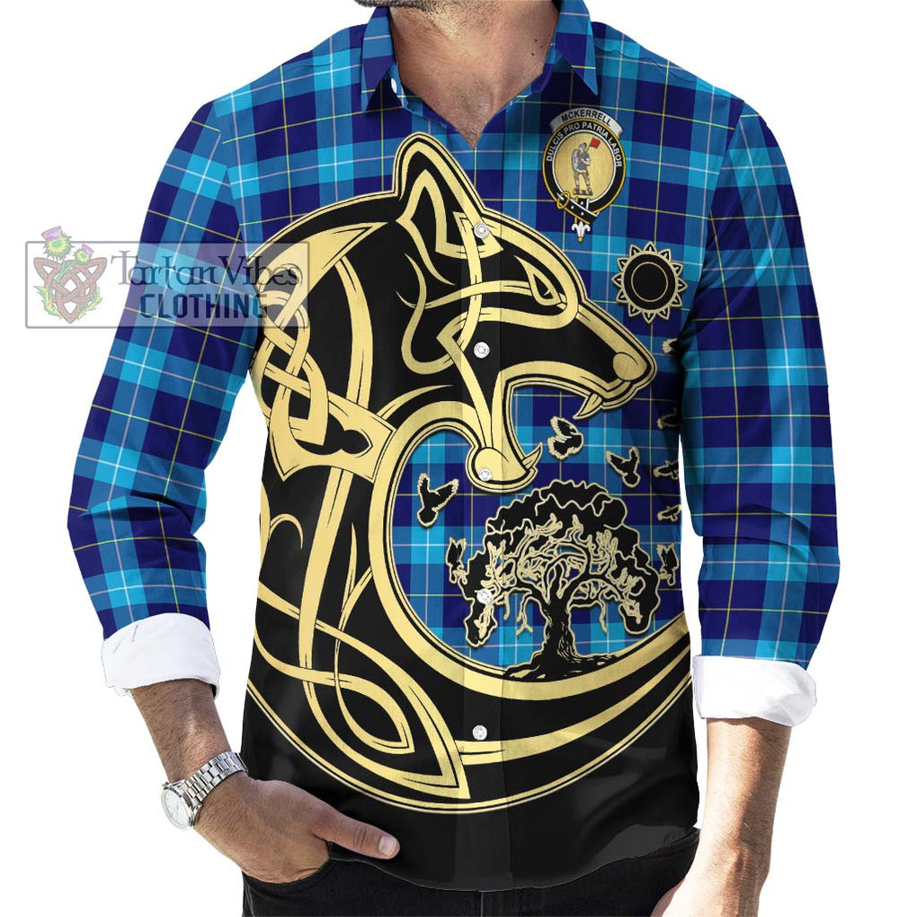 McKerrell Tartan Long Sleeve Button Shirt with Family Crest Celtic Wolf Style - Tartan Vibes Clothing