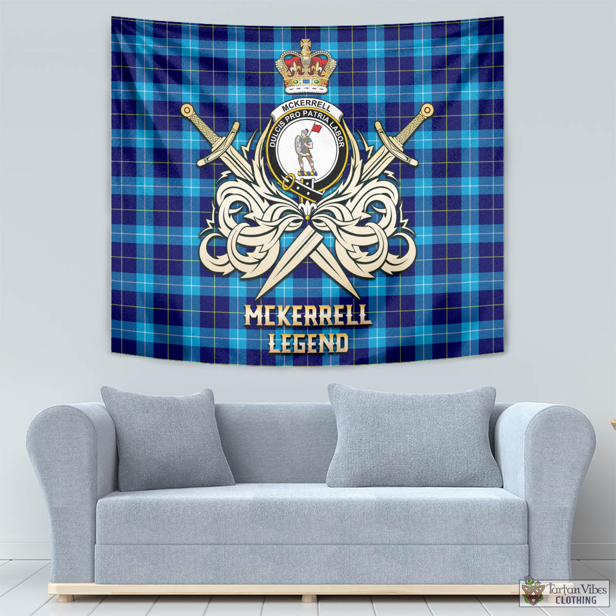 McKerrell Tartan Tapestry with Clan Crest and the Golden Sword of Courageous Legacy - Tartan Vibes Clothing