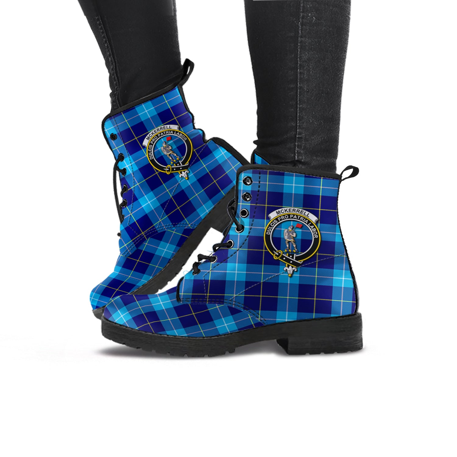 McKerrell Tartan Leather Boots with Family Crest - Tartan Vibes Clothing