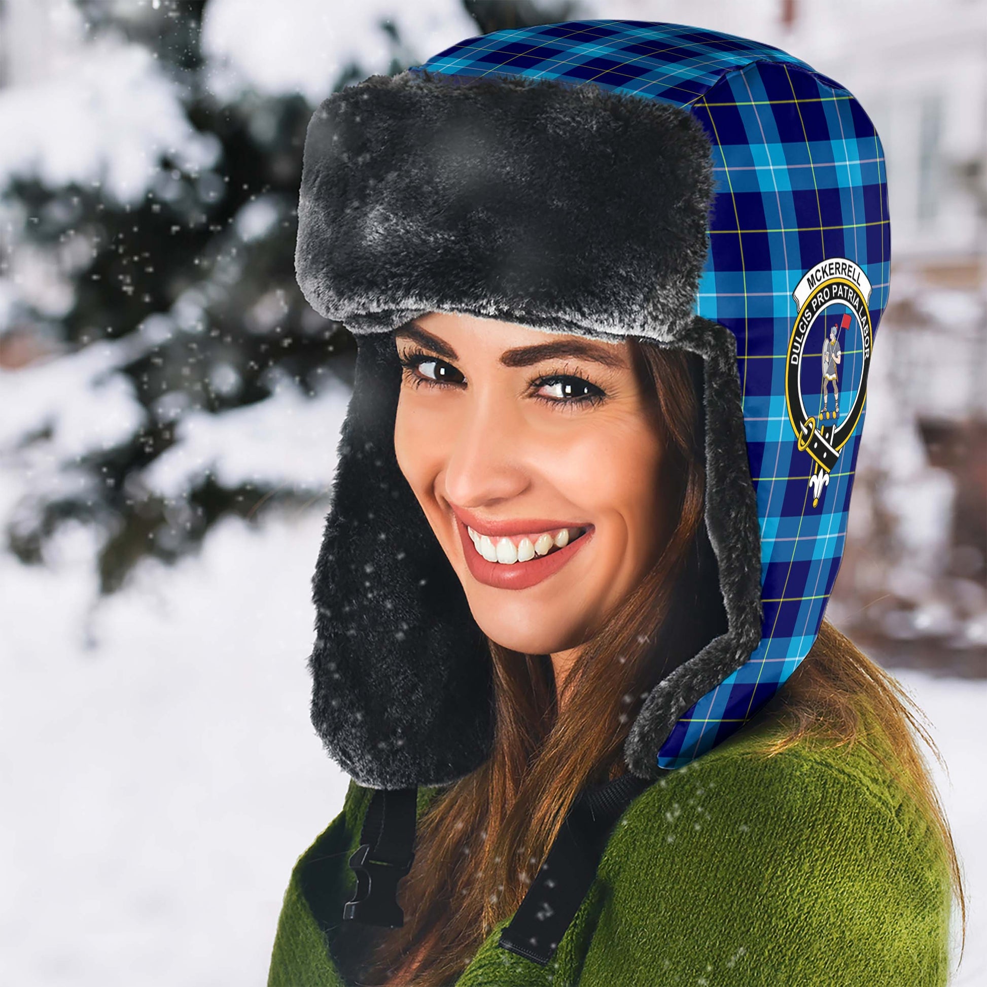 McKerrell Tartan Winter Trapper Hat with Family Crest - Tartan Vibes Clothing