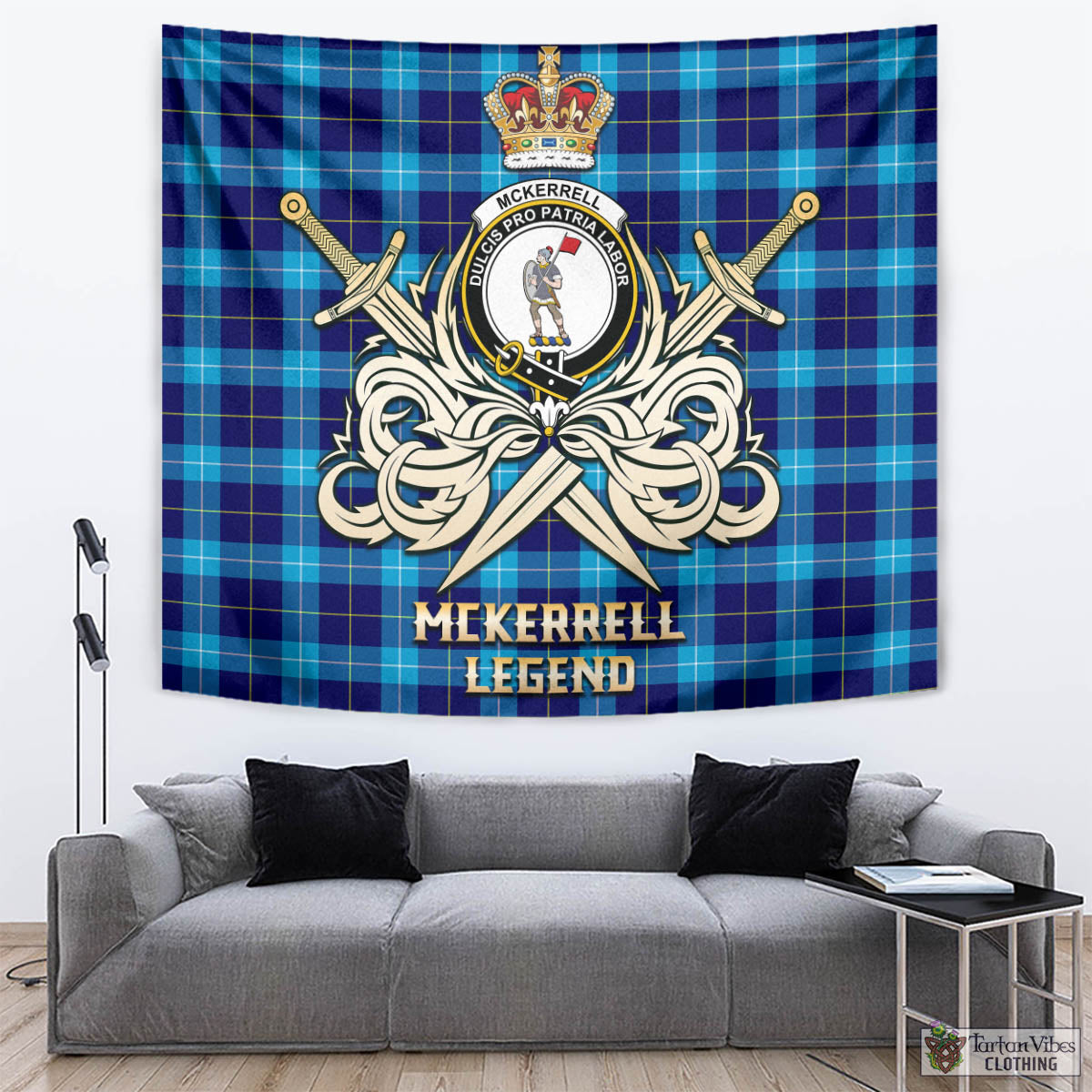 McKerrell Tartan Tapestry with Clan Crest and the Golden Sword of Courageous Legacy - Tartan Vibes Clothing