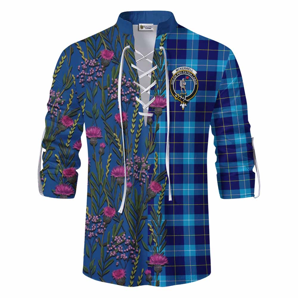 McKerrell Family Crest Tartan Ghillie Shirt Scottish Thistle Flower Pattern Half Style - Tartan Vibes Clothing