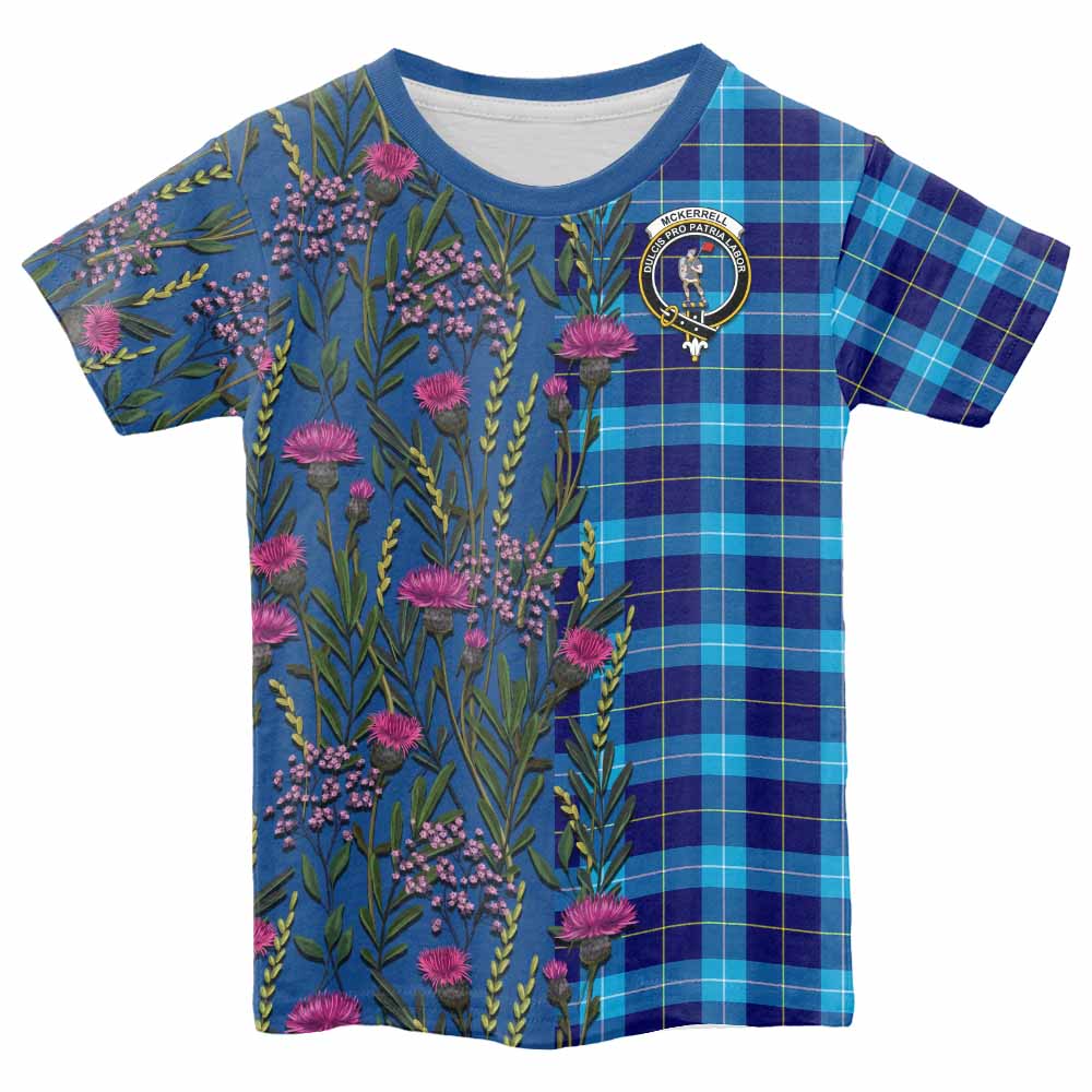 McKerrell Family Crest Tartan Kid T-shirt Scottish Thistle Flower Pattern Half Style - Tartan Vibes Clothing