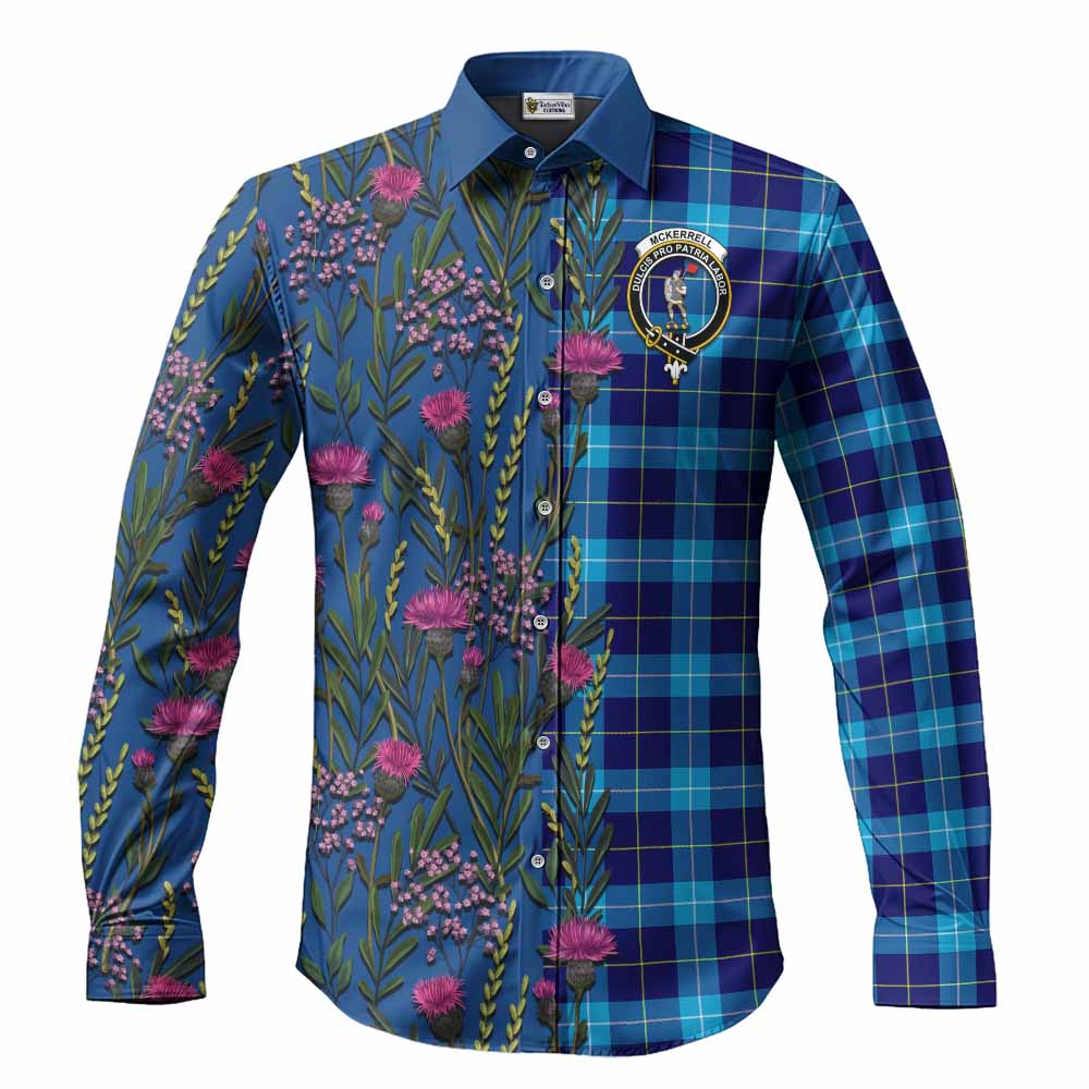 McKerrell Family Crest Tartan Long Sleeve Button Shirts Scottish Thistle Flower Pattern Half Style - Tartan Vibes Clothing