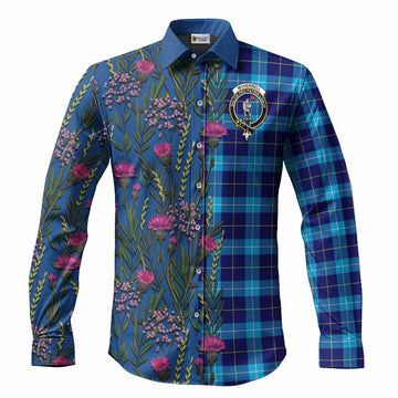 McKerrell Family Crest Tartan Long Sleeve Button Shirts Scottish Thistle Flower Pattern Half Style