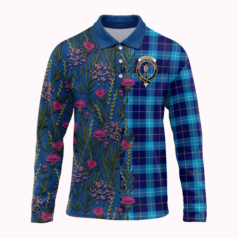 McKerrell Family Crest Tartan Long Sleeve Polo Shirt Scottish Thistle Flower Pattern Half Style - Tartan Vibes Clothing