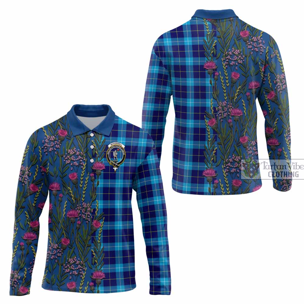McKerrell Family Crest Tartan Long Sleeve Polo Shirt Scottish Thistle Flower Pattern Half Style - Tartan Vibes Clothing