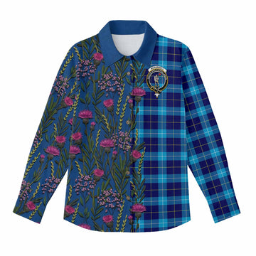 McKerrell Family Crest Tartan Women Casual Shirt Scottish Thistle Flower Pattern Half Style