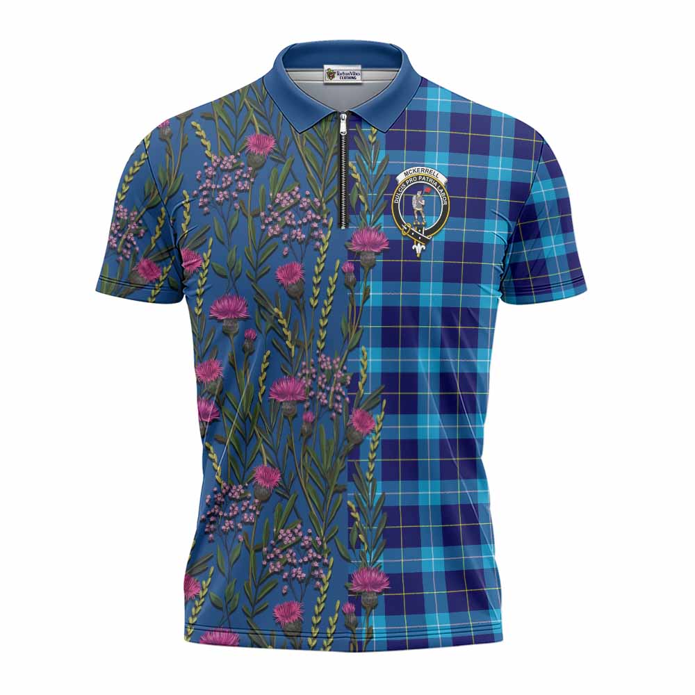 McKerrell Family Crest Tartan Zipper Polo Shirt Scottish Thistle Flower Pattern Half Style - Tartan Vibes Clothing
