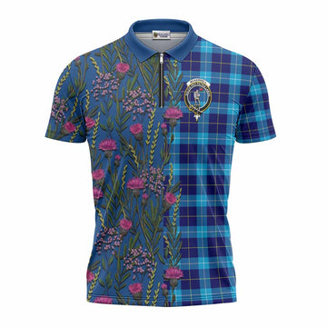 McKerrell Family Crest Tartan Zipper Polo Shirt Scottish Thistle Flower Pattern Half Style