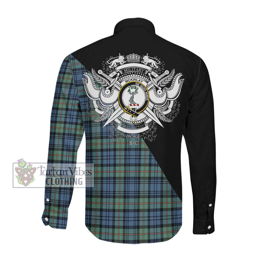 McKinlay Ancient Tartan Long Sleeve Button Shirt with Family Crest and Military Logo Style Men's Shirt - Tartanvibesclothing Shop
