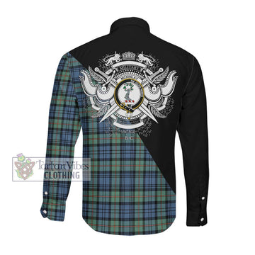McKinlay Ancient Tartan Long Sleeve Button Shirt with Family Crest and Military Logo Style Men's Shirt - Tartanvibesclothing Shop