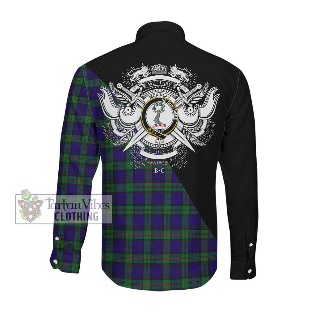 McKinlay Modern Tartan Long Sleeve Button Shirt with Family Crest and Military Logo Style Men's Shirt - Tartanvibesclothing Shop