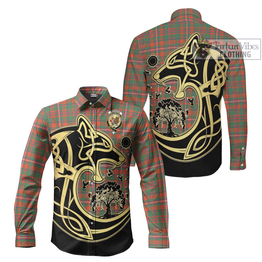 McKinnon Ancient Tartan Long Sleeve Button Shirt with Family Crest Celtic Wolf Style Men's Shirt S - Tartan Vibes Clothing