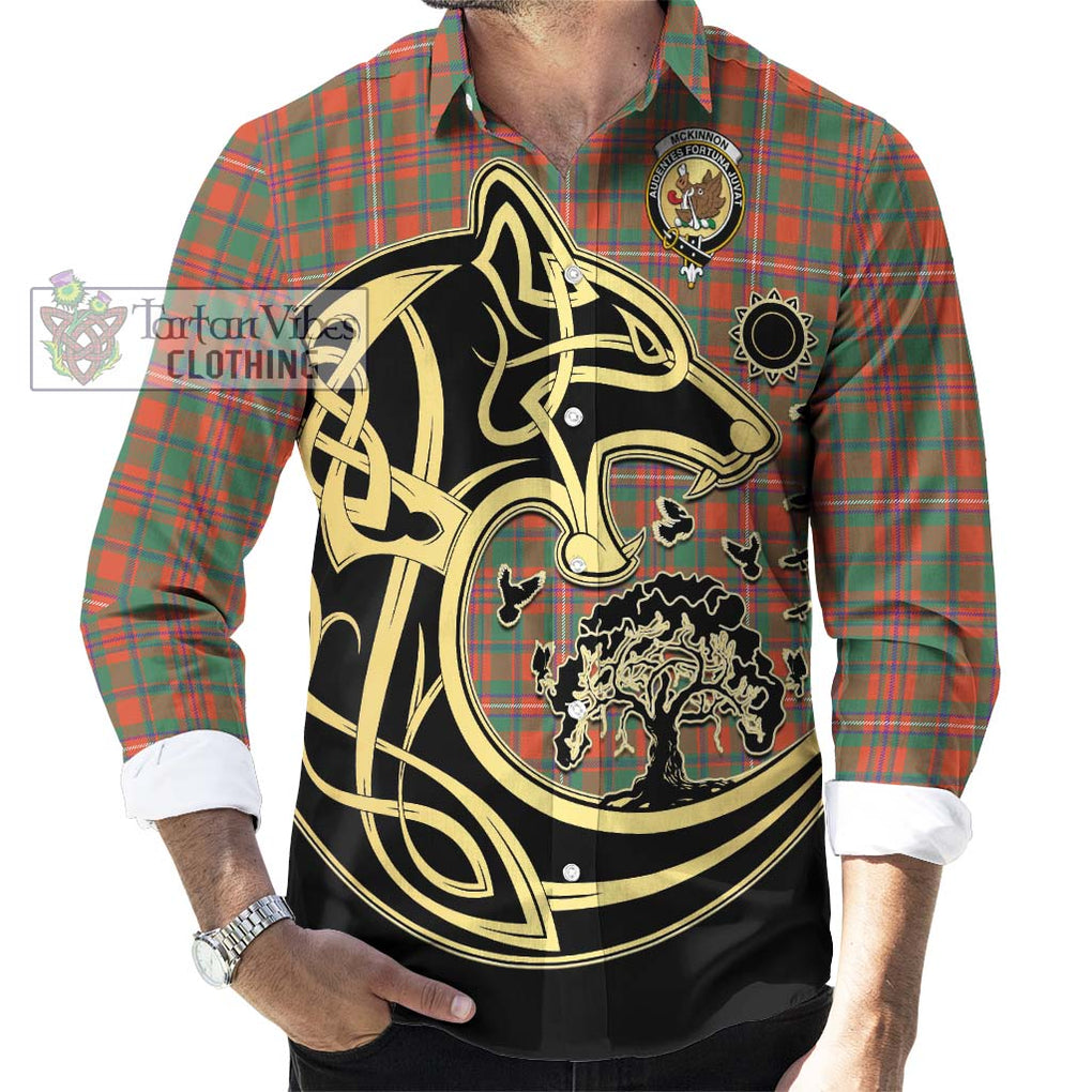 McKinnon Ancient Tartan Long Sleeve Button Shirt with Family Crest Celtic Wolf Style - Tartan Vibes Clothing
