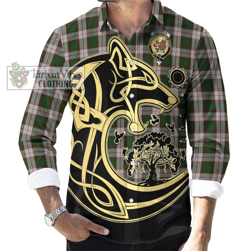 McKinnon Dress Tartan Long Sleeve Button Shirt with Family Crest Celtic Wolf Style - Tartan Vibes Clothing
