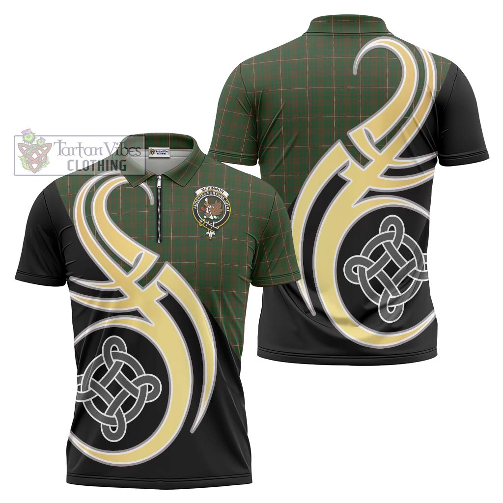 Tartan Vibes Clothing McKinnon Hunting Tartan Zipper Polo Shirt with Family Crest and Celtic Symbol Style