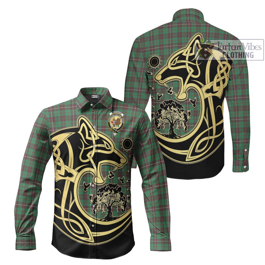 McKinnon Hunting Ancient Tartan Long Sleeve Button Shirt with Family Crest Celtic Wolf Style Men's Shirt S - Tartan Vibes Clothing