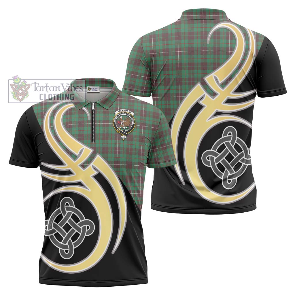 Tartan Vibes Clothing McKinnon Hunting Ancient Tartan Zipper Polo Shirt with Family Crest and Celtic Symbol Style