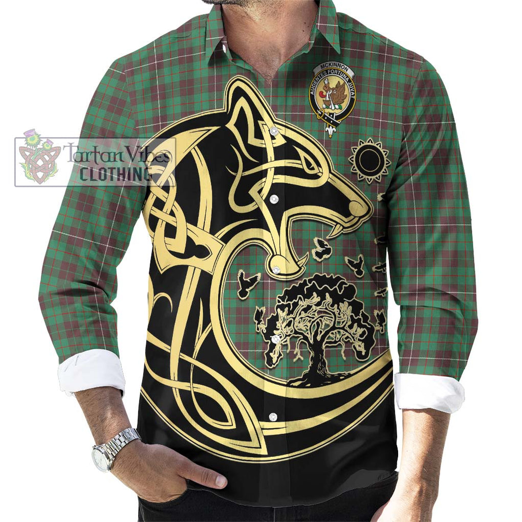 McKinnon Hunting Ancient Tartan Long Sleeve Button Shirt with Family Crest Celtic Wolf Style - Tartan Vibes Clothing