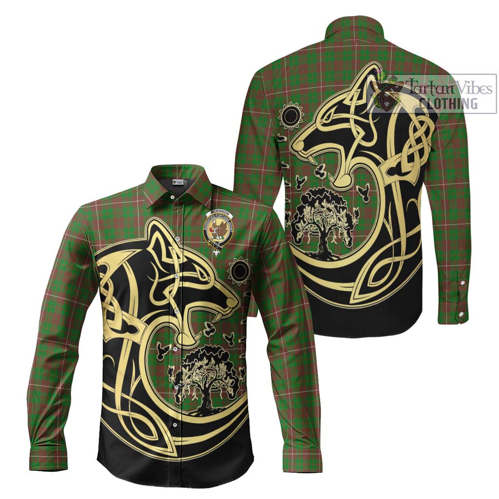 McKinnon Hunting Modern Tartan Long Sleeve Button Shirt with Family Crest Celtic Wolf Style Men's Shirt S - Tartan Vibes Clothing