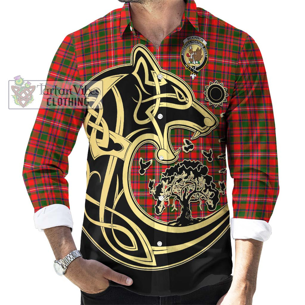 McKinnon Modern Tartan Long Sleeve Button Shirt with Family Crest Celtic Wolf Style - Tartan Vibes Clothing