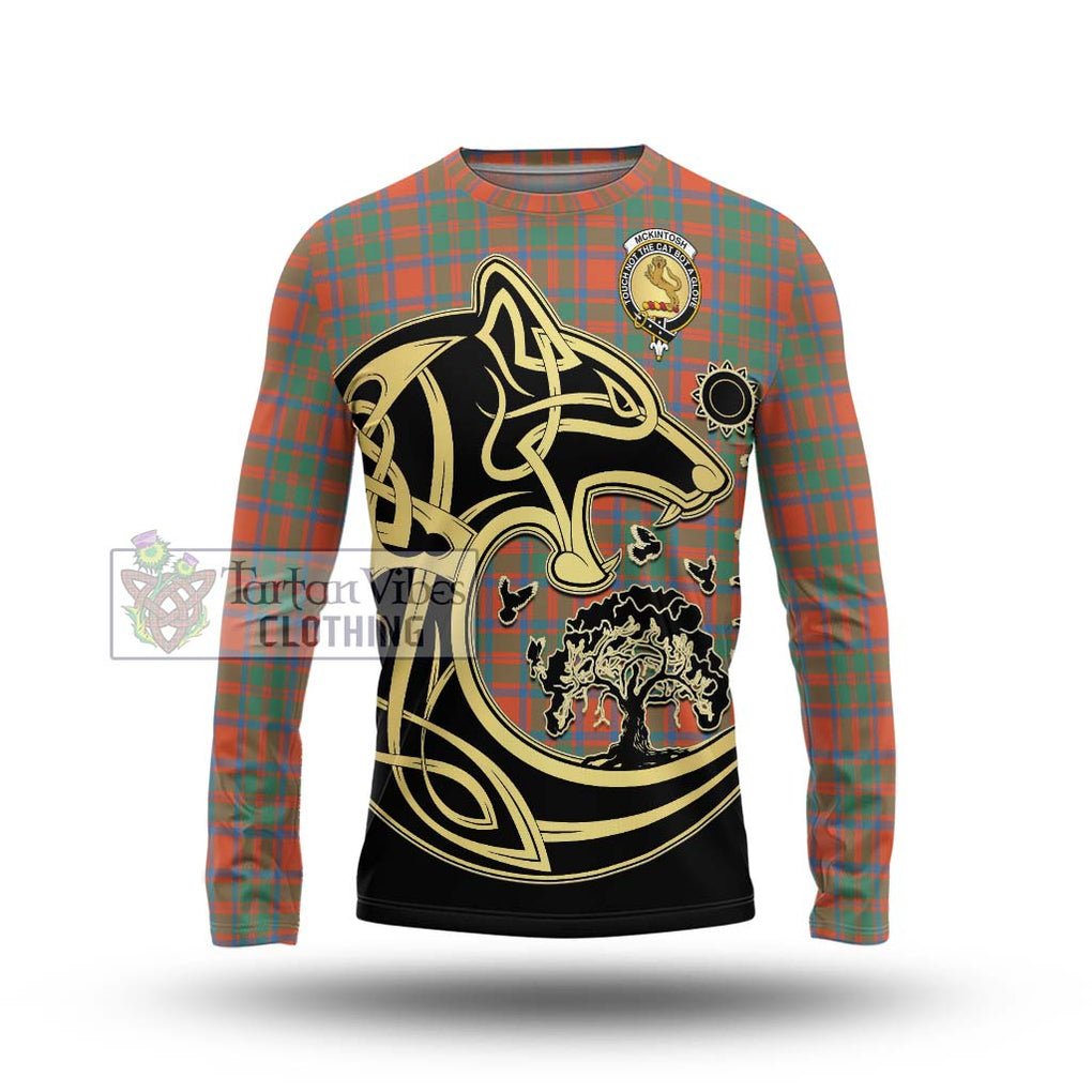 McKintosh Ancient Tartan Long Sleeve T-Shirt with Family Crest Celtic Wolf Style Unisex - Tartan Vibes Clothing