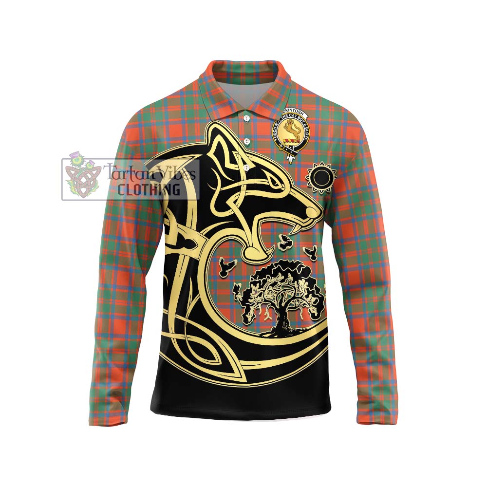 McKintosh Ancient Tartan Long Sleeve Polo Shirt with Family Crest Celtic Wolf Style Unisex - Tartan Vibes Clothing