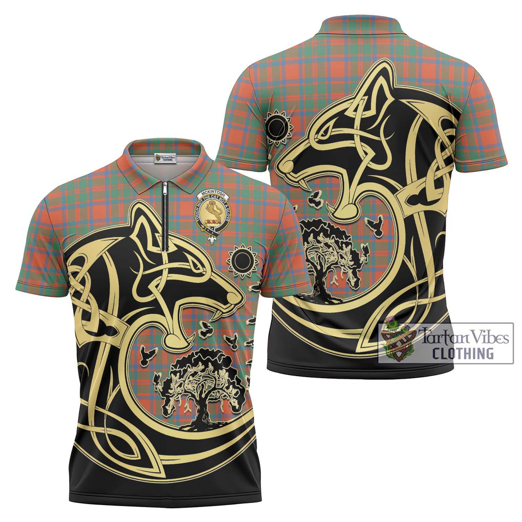 McKintosh Ancient Tartan Zipper Polo Shirt with Family Crest Celtic Wolf Style Unisex - Tartan Vibes Clothing