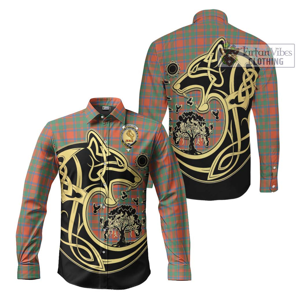 McKintosh Ancient Tartan Long Sleeve Button Shirt with Family Crest Celtic Wolf Style Men's Shirt S - Tartan Vibes Clothing