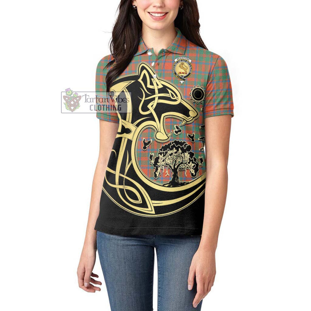 McKintosh Ancient Tartan Women's Polo Shirt with Family Crest Celtic Wolf Style - Tartan Vibes Clothing