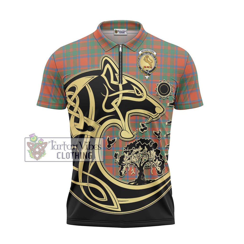 McKintosh Ancient Tartan Zipper Polo Shirt with Family Crest Celtic Wolf Style - Tartan Vibes Clothing