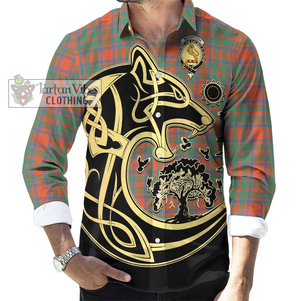 McKintosh Ancient Tartan Long Sleeve Button Shirt with Family Crest Celtic Wolf Style - Tartan Vibes Clothing