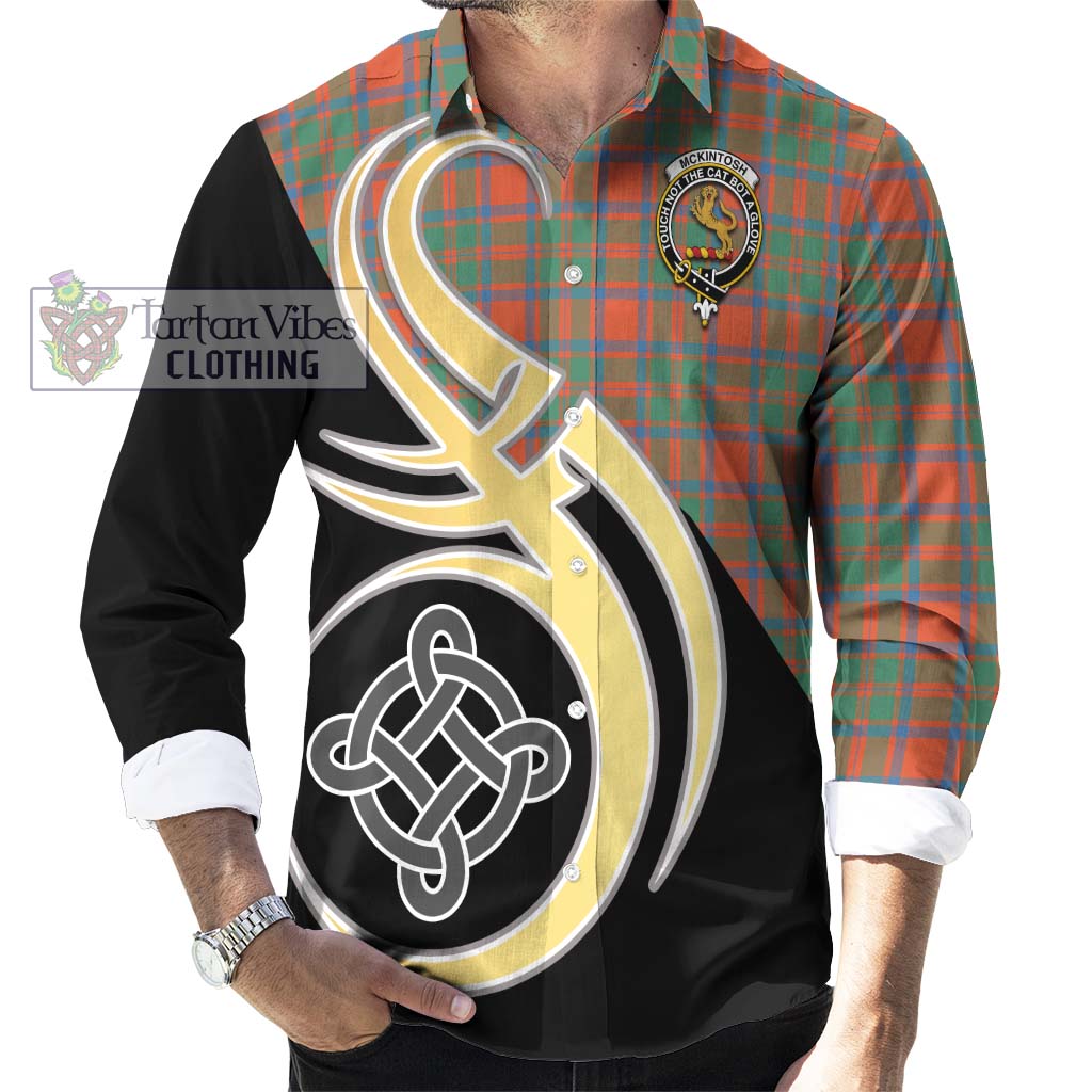 McKintosh Ancient Tartan Long Sleeve Button Shirt with Family Crest and Celtic Symbol Style - Tartan Vibes Clothing