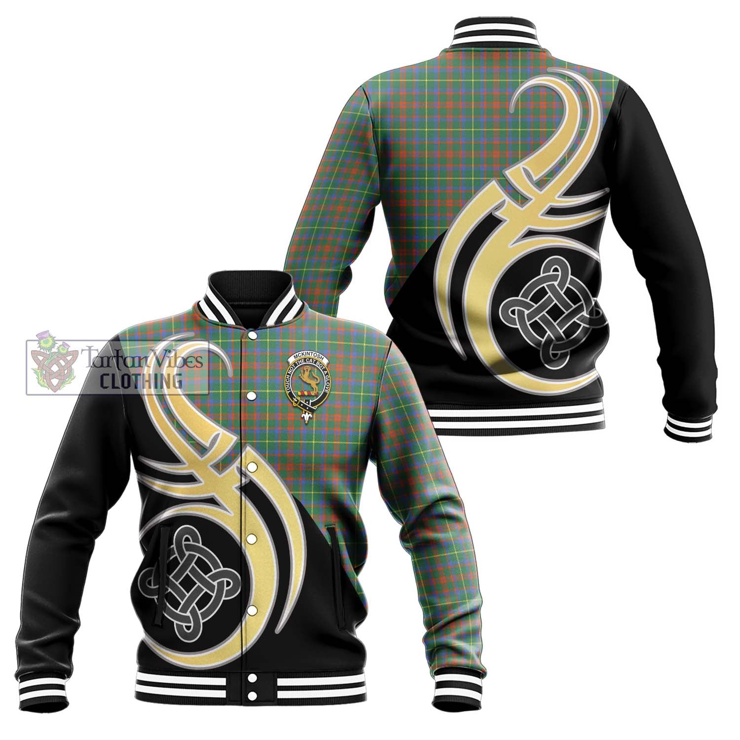 McKintosh Hunting Ancient Tartan Baseball Jacket with Family Crest and Celtic Symbol Style Unisex - Tartan Vibes Clothing