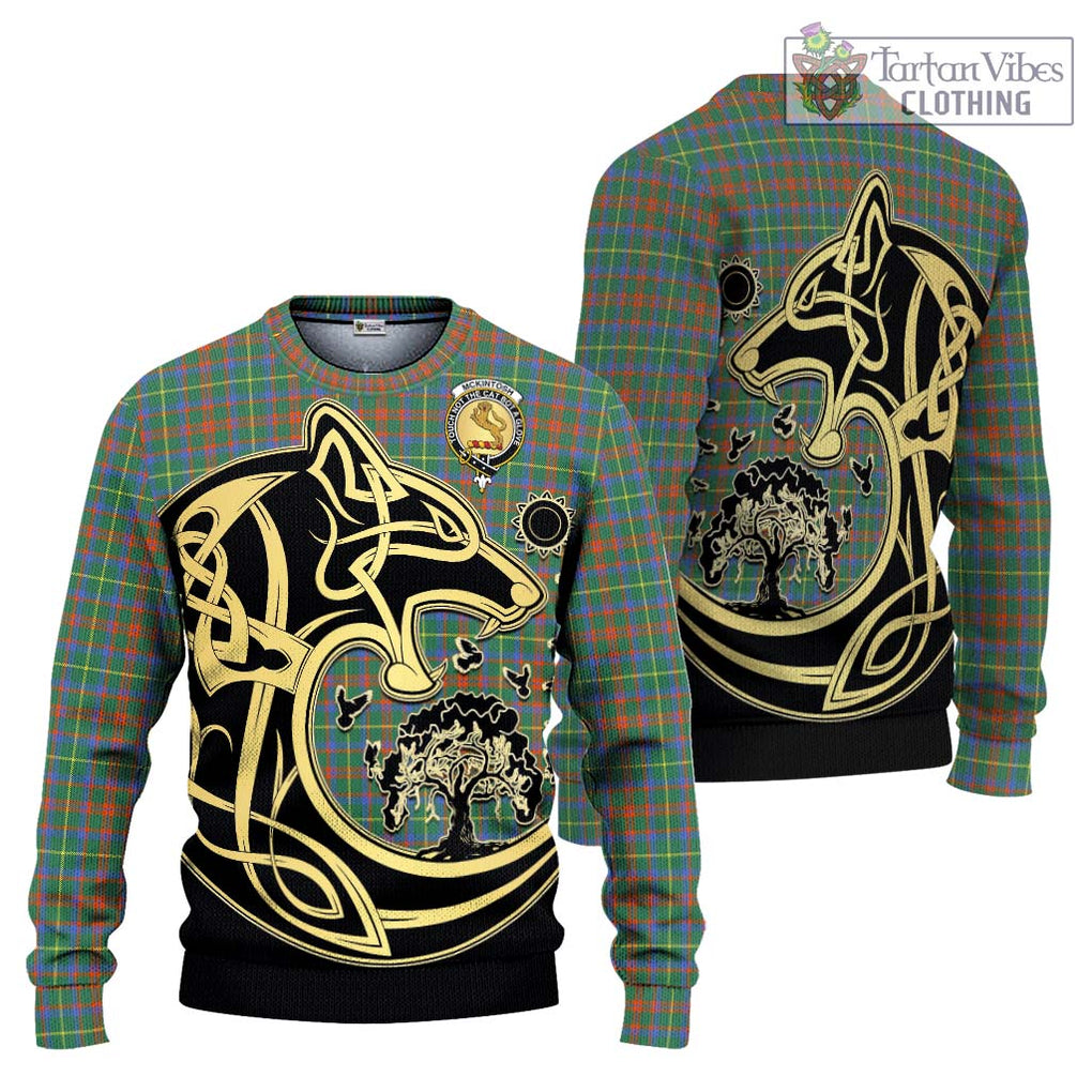 McKintosh Hunting Ancient Tartan Ugly Sweater with Family Crest Celtic Wolf Style Unisex - Tartan Vibes Clothing