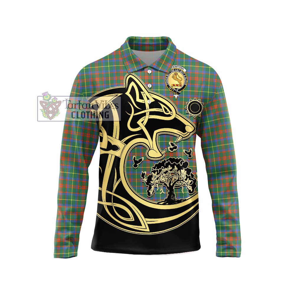 McKintosh Hunting Ancient Tartan Long Sleeve Polo Shirt with Family Crest Celtic Wolf Style Unisex - Tartan Vibes Clothing