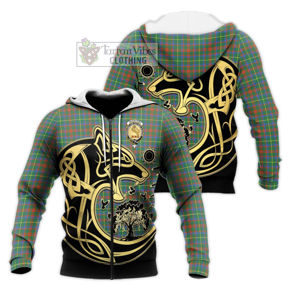 McKintosh Hunting Ancient Tartan Knitted Hoodie with Family Crest Celtic Wolf Style Unisex Knitted Zip Hoodie - Tartan Vibes Clothing