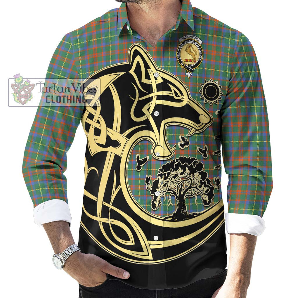McKintosh Hunting Ancient Tartan Long Sleeve Button Shirt with Family Crest Celtic Wolf Style - Tartan Vibes Clothing